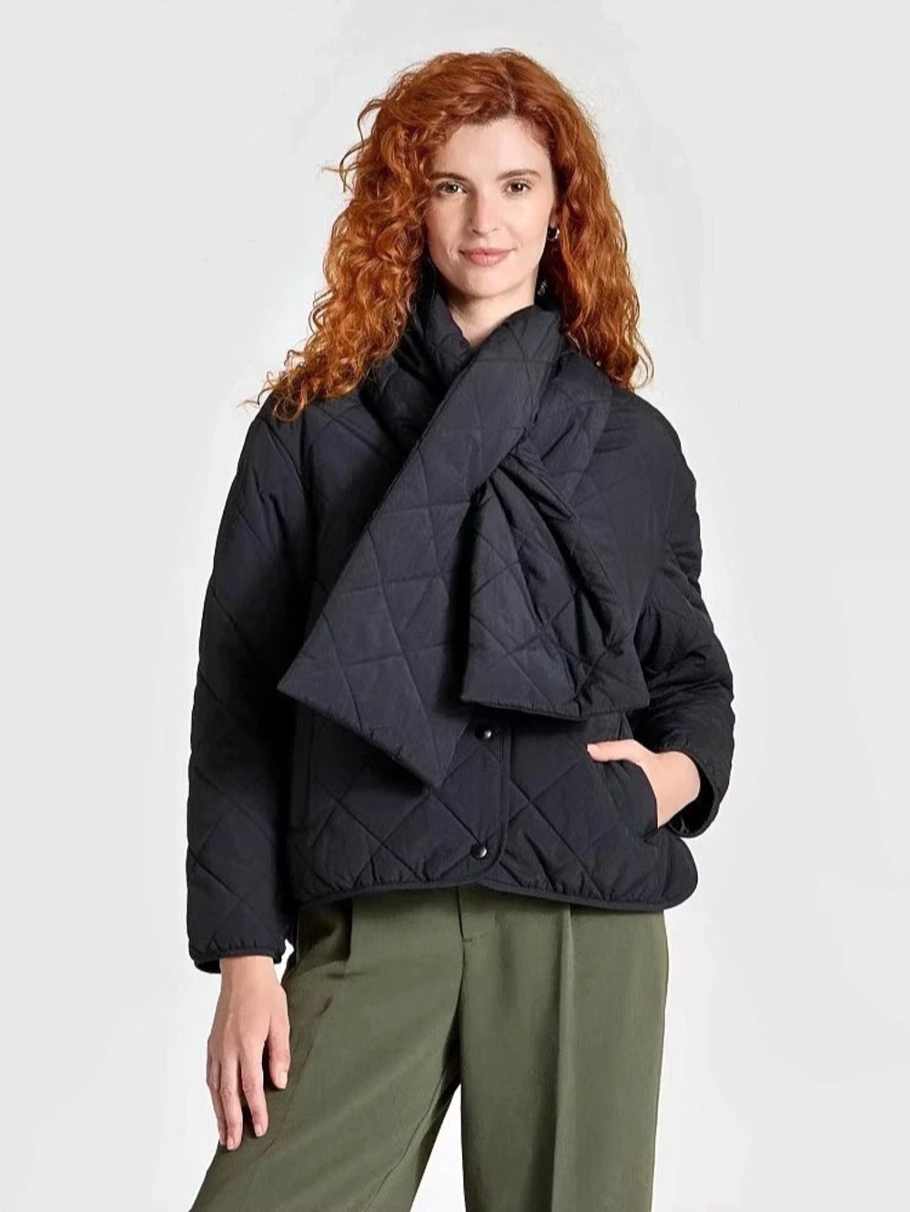A New Day Black Diamond Quilted Jacket with Matching Removable Scarf NWT